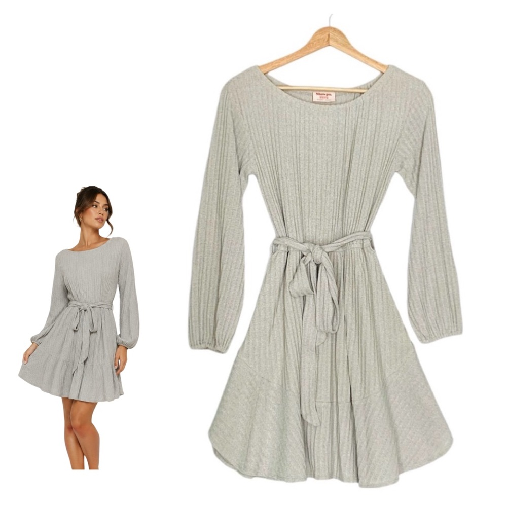 Showpo. Long Sleeve Ribbed Belted Dress Neutral Beige Size 6 Round Neckline NWOT